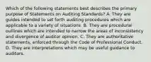 Which of the following statements best describes the primary purpose of Statements on Auditing Standards? A. They are guides intended to set forth auditing procedures which are applicable to a variety of situations. B. They are procedural outlines which are intended to narrow the areas of inconsistency and divergence of auditor opinion. C. They are authoritative statements, enforced through the Code of Professional Conduct. D. They are interpretations which may be useful guidance to auditors.