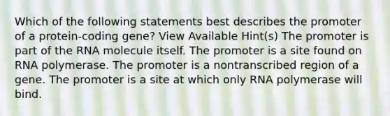 Which of the following statements best describes the promoter of a protein-coding gene? View Available Hint(s) The promoter is part of the RNA molecule itself. The promoter is a site found on RNA polymerase. The promoter is a nontranscribed region of a gene. The promoter is a site at which only RNA polymerase will bind.