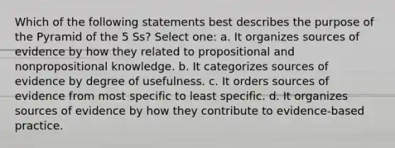 Which of the following statements best describes the purpose of the Pyramid of the 5 Ss? Select one: a. It organizes sources of evidence by how they related to propositional and nonpropositional knowledge. b. It categorizes sources of evidence by degree of usefulness. c. It orders sources of evidence from most specific to least specific. d. It organizes sources of evidence by how they contribute to evidence-based practice.