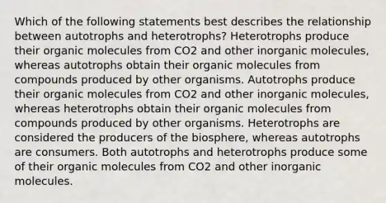 Which of the following statements best describes the relationship between autotrophs and heterotrophs? Heterotrophs produce their <a href='https://www.questionai.com/knowledge/kjUwUacPFG-organic-molecules' class='anchor-knowledge'>organic molecules</a> from CO2 and other inorganic molecules, whereas autotrophs obtain their organic molecules from compounds produced by other organisms. Autotrophs produce their organic molecules from CO2 and other inorganic molecules, whereas heterotrophs obtain their organic molecules from compounds produced by other organisms. Heterotrophs are considered the producers of the biosphere, whereas autotrophs are consumers. Both autotrophs and heterotrophs produce some of their organic molecules from CO2 and other inorganic molecules.