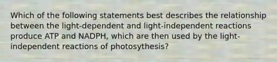 Which of the following statements best describes the relationship between the light-dependent and light-independent reactions produce ATP and NADPH, which are then used by the light-independent reactions of photosythesis?