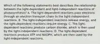 Which of the following statements best describes the relationship between the light-dependent and light-independent reactions of photosynthesis? A. The light-dependent reactions pass electrons through an electron transport chain to the light-independent reactions. B. The light-independent reactions release energy, and the light-dependent reactions require energy. C. The light-dependent reactions produce carbon dioxide, which is then used by the light-independent reactions. D. The light-dependent reactions produce ATP and NADPH, which are then used by the light-independent reactions.