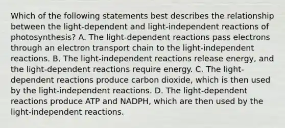 Which of the following statements best describes the relationship between the light-dependent and light-independent reactions of photosynthesis? A. The light-dependent reactions pass electrons through an electron transport chain to the light-independent reactions. B. The light-independent reactions release energy, and the light-dependent reactions require energy. C. The light-dependent reactions produce carbon dioxide, which is then used by the light-independent reactions. D. The light-dependent reactions produce ATP and NADPH, which are then used by the light-independent reactions.