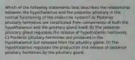 Which of the following statements best describes the relationship between the hypothalamus and the posterior pituitary in the normal functioning of the endocrine system? A) Posterior pituitary hormones are constituted from components of both the hypothalamus and the pituitary gland itself. B) The posterior pituitary gland regulates the release of hypothalamic hormones. C) Posterior pituitary hormones are produced in the hypothalamus but released from the pituitary gland. D) The hypothalamus regulates the production and release of posterior pituitary hormones by the pituitary gland.