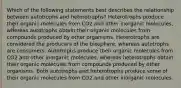 Which of the following statements best describes the relationship between autotrophs and heterotrophs? Heterotrophs produce their organic molecules from CO2 and other inorganic molecules, whereas autotrophs obtain their organic molecules from compounds produced by other organisms. Heterotrophs are considered the producers of the biosphere, whereas autotrophs are consumers. Autotrophs produce their organic molecules from CO2 and other inorganic molecules, whereas heterotrophs obtain their organic molecules from compounds produced by other organisms. Both autotrophs and heterotrophs produce some of their organic molecules from CO2 and other inorganic molecules.