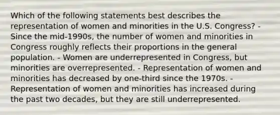 Which of the following statements best describes the representation of women and minorities in the U.S. Congress? - Since the mid-1990s, the number of women and minorities in Congress roughly reflects their proportions in the general population. - Women are underrepresented in Congress, but minorities are overrepresented. - Representation of women and minorities has decreased by one-third since the 1970s. - Representation of women and minorities has increased during the past two decades, but they are still underrepresented.