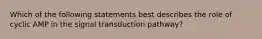 Which of the following statements best describes the role of cyclic AMP in the signal transduction pathway?
