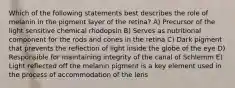 Which of the following statements best describes the role of melanin in the pigment layer of the retina? A) Precursor of the light sensitive chemical rhodopsin B) Serves as nutritional component for the rods and cones in the retina C) Dark pigment that prevents the reflection of light inside the globe of the eye D) Responsible for maintaining integrity of the canal of Schlemm E) Light reflected off the melanin pigment is a key element used in the process of accommodation of the lens