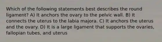 Which of the following statements best describes the round ligament? A) It anchors the ovary to the pelvic wall. B) It connects the uterus to the labia majora. C) It anchors the uterus and the ovary. D) It is a large ligament that supports the ovaries, fallopian tubes, and uterus