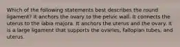 Which of the following statements best describes the round ligament? It anchors the ovary to the pelvic wall. It connects the uterus to the labia majora. It anchors the uterus and the ovary. It is a large ligament that supports the ovaries, fallopian tubes, and uterus.