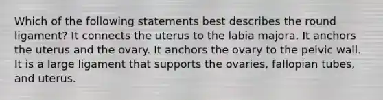 Which of the following statements best describes the round ligament? It connects the uterus to the labia majora. It anchors the uterus and the ovary. It anchors the ovary to the pelvic wall. It is a large ligament that supports the ovaries, fallopian tubes, and uterus.