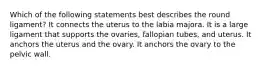 Which of the following statements best describes the round ligament? It connects the uterus to the labia majora. It is a large ligament that supports the ovaries, fallopian tubes, and uterus. It anchors the uterus and the ovary. It anchors the ovary to the pelvic wall.