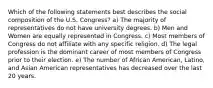 Which of the following statements best describes the social composition of the U.S. Congress? a) The majority of representatives do not have university degrees. b) Men and Women are equally represented in Congress. c) Most members of Congress do not affiliate with any specific religion. d) The legal profession is the dominant career of most members of Congress prior to their election. e) The number of African American, Latino, and Asian American representatives has decreased over the last 20 years.