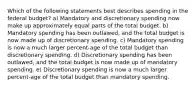 Which of the following statements best describes spending in the federal budget? a) Mandatory and discretionary spending now make up approximately equal parts of the total budget. b) Mandatory spending has been outlawed, and the total budget is now made up of discretionary spending. c) Mandatory spending is now a much larger percent-age of the total budget than discretionary spending. d) Discretionary spending has been outlawed, and the total budget is now made up of mandatory spending. e) Discretionary spending is now a much larger percent-age of the total budget than mandatory spending.