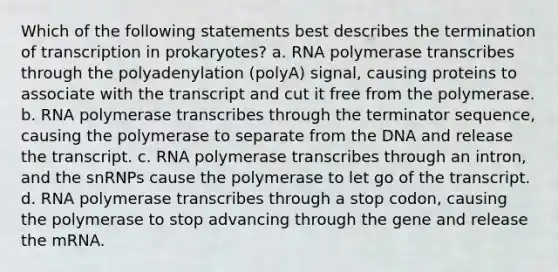 Which of the following statements best describes the termination of transcription in prokaryotes? a. RNA polymerase transcribes through the polyadenylation (polyA) signal, causing proteins to associate with the transcript and cut it free from the polymerase. b. RNA polymerase transcribes through the terminator sequence, causing the polymerase to separate from the DNA and release the transcript. c. RNA polymerase transcribes through an intron, and the snRNPs cause the polymerase to let go of the transcript. d. RNA polymerase transcribes through a stop codon, causing the polymerase to stop advancing through the gene and release the mRNA.