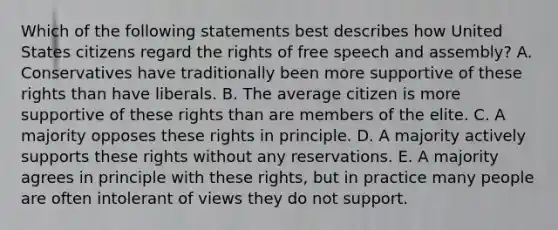 Which of the following statements best describes how United States citizens regard the rights of free speech and assembly? A. Conservatives have traditionally been more supportive of these rights than have liberals. B. The average citizen is more supportive of these rights than are members of the elite. C. A majority opposes these rights in principle. D. A majority actively supports these rights without any reservations. E. A majority agrees in principle with these rights, but in practice many people are often intolerant of views they do not support.