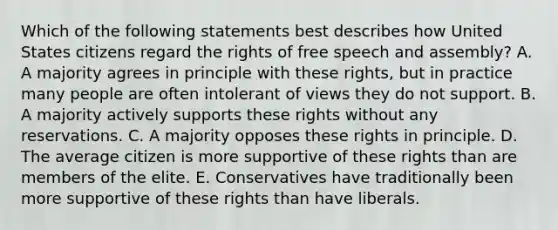 Which of the following statements best describes how United States citizens regard the rights of free speech and assembly? A. A majority agrees in principle with these rights, but in practice many people are often intolerant of views they do not support. B. A majority actively supports these rights without any reservations. C. A majority opposes these rights in principle. D. The average citizen is more supportive of these rights than are members of the elite. E. Conservatives have traditionally been more supportive of these rights than have liberals.