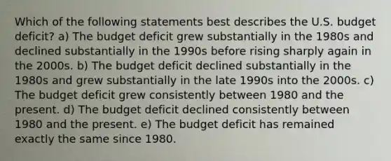 Which of the following statements best describes the U.S. budget deficit? a) The budget deficit grew substantially in the 1980s and declined substantially in the 1990s before rising sharply again in the 2000s. b) The budget deficit declined substantially in the 1980s and grew substantially in the late 1990s into the 2000s. c) The budget deficit grew consistently between 1980 and the present. d) The budget deficit declined consistently between 1980 and the present. e) The budget deficit has remained exactly the same since 1980.