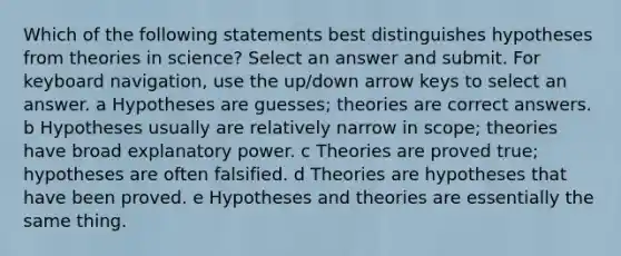 Which of the following statements best distinguishes hypotheses from theories in science? Select an answer and submit. For keyboard navigation, use the up/down arrow keys to select an answer. a Hypotheses are guesses; theories are correct answers. b Hypotheses usually are relatively narrow in scope; theories have broad explanatory power. c Theories are proved true; hypotheses are often falsified. d Theories are hypotheses that have been proved. e Hypotheses and theories are essentially the same thing.