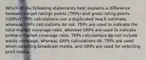 Which of the following statements best explains a difference between target ratings points (TRPs) and gross rating points (GRPs)? TRPs calculations use a duplicated reach estimate, whereas GRPs calculations do not. TRPs are used to indicate the total market coverage ratio, whereas GRPs are used to indicate primary market coverage ratio. TRPs calculations do not include waste coverage, whereas GRPs calculations do. TRPs are used when selecting broadcast media, and GRPs are used for selecting print media.