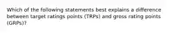 Which of the following statements best explains a difference between target ratings points (TRPs) and gross rating points (GRPs)?