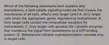 Which of the following statements best explains why testosterone, a lipid-soluble signaling molecule that crosses the membranes of all cells, affects only target cells? A. Only target cells retain the appropriate genes regulated by testosterone. B. Only target cells contain the intracellular receptors for testosterone. C. Only target cells possess the cytosolic enzymes that transduce the signal from testosterone to a GTP-binding protein. D. Testosterone initiates a phosphorylation cascade only in target cells.