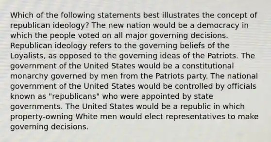 Which of the following statements best illustrates the concept of republican ideology? The new nation would be a democracy in which the people voted on all major governing decisions. Republican ideology refers to the governing beliefs of the Loyalists, as opposed to the governing ideas of the Patriots. The government of the United States would be a constitutional monarchy governed by men from the Patriots party. The national government of the United States would be controlled by officials known as "republicans" who were appointed by state governments. The United States would be a republic in which property-owning White men would elect representatives to make governing decisions.