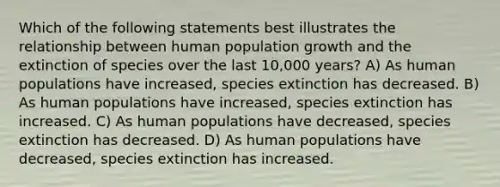 Which of the following statements best illustrates the relationship between human population growth and the extinction of species over the last 10,000 years? A) As human populations have increased, species extinction has decreased. B) As human populations have increased, species extinction has increased. C) As human populations have decreased, species extinction has decreased. D) As human populations have decreased, species extinction has increased.