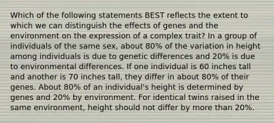 Which of the following statements BEST reflects the extent to which we can distinguish the effects of genes and the environment on the expression of a complex trait? In a group of individuals of the same sex, about 80% of the variation in height among individuals is due to genetic differences and 20% is due to environmental differences. If one individual is 60 inches tall and another is 70 inches tall, they differ in about 80% of their genes. About 80% of an individual's height is determined by genes and 20% by environment. For identical twins raised in the same environment, height should not differ by <a href='https://www.questionai.com/knowledge/keWHlEPx42-more-than' class='anchor-knowledge'>more than</a> 20%.