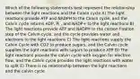 Which of the following statements best represent the relationship between the light reactions and the Calvin cycle A) The light reactions provide ATP and NADPH to the Calvin cycle, and the Calvin cycle returns ADP, Pi , and NADP+ to the light reactions B) The light reactions provide ATP and NADPH to the carbon fixation step of the Calvin cycle, and the cycle provides water and electrons to the light reactions C) The light reactions supply the Calvin Cycle with CO2 to produce sugars, and the Calvin cycle supplies the light reactions with sugars to produce ATP D) The light reactions provide the calvin cycle with oxygen for electron flow, and the Calvin cycle provides the light reactions with water to split E) There is no relationship between the light reactions and the calvin cycle