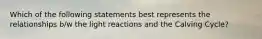 Which of the following statements best represents the relationships b/w the light reactions and the Calving Cycle?