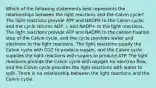 Which of the following statements best represents the relationships between the light reactions and the Calvin cycle? The light reactions provide ATP and NADPH to the Calvin cycle, and the cycle returns ADP, i, and NADP+ to the light reactions. The light reactions provide ATP and NADPH to the carbon fixation step of the Calvin cycle, and the cycle provides water and electrons to the light reactions. The light reactions supply the Calvin cycle with CO2 to produce sugars, and the Calvin cycle supplies the light reactions with sugars to produce ATP. The light reactions provide the Calvin cycle with oxygen for electron flow, and the Calvin cycle provides the light reactions with water to split. There is no relationship between the light reactions and the Calvin cycle.