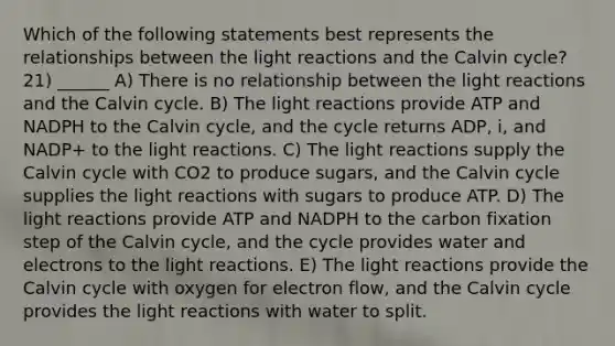 Which of the following statements best represents the relationships between the light reactions and the Calvin cycle? 21) ______ A) There is no relationship between the light reactions and the Calvin cycle. B) The light reactions provide ATP and NADPH to the Calvin cycle, and the cycle returns ADP, i, and NADP+ to the light reactions. C) The light reactions supply the Calvin cycle with CO2 to produce sugars, and the Calvin cycle supplies the light reactions with sugars to produce ATP. D) The light reactions provide ATP and NADPH to the carbon fixation step of the Calvin cycle, and the cycle provides water and electrons to the light reactions. E) The light reactions provide the Calvin cycle with oxygen for electron flow, and the Calvin cycle provides the light reactions with water to split.