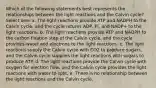 Which of the following statements best represents the relationships between the light reactions and the Calvin cycle? Select one: a. The light reactions provide ATP and NADPH to the Calvin cycle, and the cycle returns ADP, Pi, and NADP+ to the light reactions. b. The light reactions provide ATP and NADPH to the carbon fixation step of the Calvin cycle, and the cycle provides water and electrons to the light reactions. c. The light reactions supply the Calvin cycle with CO2 to produce sugars, and the Calvin cycle supplies the light reactions with sugars to produce ATP. d. The light reactions provide the Calvin cycle with oxygen for electron flow, and the Calvin cycle provides the light reactions with water to split. e. There is no relationship between the light reactions and the Calvin cycle.