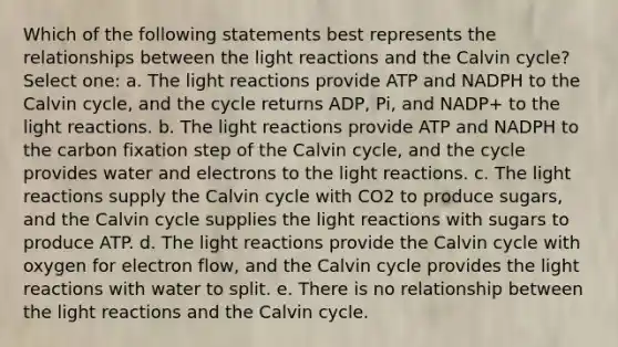 Which of the following statements best represents the relationships between the light reactions and the Calvin cycle? Select one: a. The light reactions provide ATP and NADPH to the Calvin cycle, and the cycle returns ADP, Pi, and NADP+ to the light reactions. b. The light reactions provide ATP and NADPH to the carbon fixation step of the Calvin cycle, and the cycle provides water and electrons to the light reactions. c. The light reactions supply the Calvin cycle with CO2 to produce sugars, and the Calvin cycle supplies the light reactions with sugars to produce ATP. d. The light reactions provide the Calvin cycle with oxygen for electron flow, and the Calvin cycle provides the light reactions with water to split. e. There is no relationship between the light reactions and the Calvin cycle.