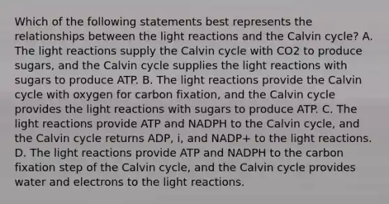 Which of the following statements best represents the relationships between the <a href='https://www.questionai.com/knowledge/kSUoWrrvoC-light-reactions' class='anchor-knowledge'>light reactions</a> and the Calvin cycle? A. The light reactions supply the Calvin cycle with CO2 to produce sugars, and the Calvin cycle supplies the light reactions with sugars to produce ATP. B. The light reactions provide the Calvin cycle with oxygen for carbon fixation, and the Calvin cycle provides the light reactions with sugars to produce ATP. C. The light reactions provide ATP and NADPH to the Calvin cycle, and the Calvin cycle returns ADP, i, and NADP+ to the light reactions. D. The light reactions provide ATP and NADPH to the carbon fixation step of the Calvin cycle, and the Calvin cycle provides water and electrons to the light reactions.