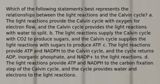 Which of the following statements best represents the relationships between the <a href='https://www.questionai.com/knowledge/kSUoWrrvoC-light-reactions' class='anchor-knowledge'>light reactions</a> and the Calvin cycle? a. The light reactions provide the Calvin cycle with oxygen for electron flow, and the Calvin cycle provides the light reactions with water to split. b. The light reactions supply the Calvin cycle with CO2 to produce sugars, and the Calvin cycle supplies the light reactions with sugars to produce ATP. c. The light reactions provide ATP and NADPH to the Calvin cycle, and the cycle returns ADP, inorganic phosphate, and NADP+ to the light reactions. d. The light reactions provide ATP and NADPH to the carbon fixation step of the Calvin cycle, and the cycle provides water and electrons to the light reactions.