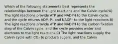 Which of the following statements best represents the relationships between the light reactions and the Calvin cycle?A) The light reactions provide ATP and NADPH to the Calvin cycle, and the cycle returns ADP, Pi, and NADP⁺ to the light reactions.B) The light reactions provide ATP and NADPH to the carbon fixation step of the Calvin cycle, and the cycle provides water and electrons to the light reactions.C) The light reactions supply the Calvin cycle with CO₂ to produce sugars, and the Calvin