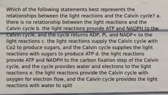 Which of the following statements best represents the relationships between the light reactions and the Calvin cycle? a. there is no relationship between the light reactions and the Calvin cycle b. the light reactions provide ATP and NADPH to the Calvin cycle, and the cycle returns ADP, Pi, and NADP+ to the light reactions c. the light reactions supply the Calvin cycle with Co2 to produce sugars, and the Calvin cycle supplies the light reactions with sugars to produce ATP d. the light reactions provide ATP and NADPH to the carbon fixation step of the Calvin cycle, and the cycle provides water and electrons to the light reactions e. the light reactions provide the Calvin cycle with oxygen for electron flow, and the Calvin cycle provides the light reactions with water to split