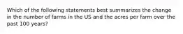 Which of the following statements best summarizes the change in the number of farms in the US and the acres per farm over the past 100 years?