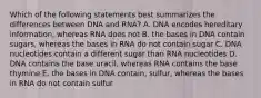 Which of the following statements best summarizes the differences between DNA and RNA? A. DNA encodes hereditary information, whereas RNA does not B. the bases in DNA contain sugars, whereas the bases in RNA do not contain sugar C. DNA nucleotides contain a different sugar than RNA nucleotides D. DNA contains the base uracil, whereas RNA contains the base thymine E. the bases in DNA contain, sulfur, whereas the bases in RNA do not contain sulfur