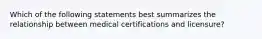 Which of the following statements best summarizes the relationship between medical certifications and licensure?