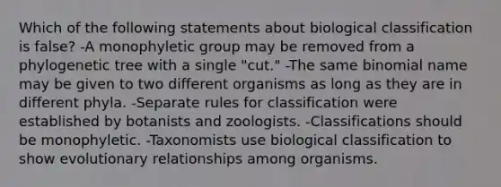 Which of the following statements about biological classification is false? -A monophyletic group may be removed from a phylogenetic tree with a single "cut." -The same binomial name may be given to two different organisms as long as they are in different phyla. -Separate rules for classification were established by botanists and zoologists. -Classifications should be monophyletic. -Taxonomists use biological classification to show evolutionary relationships among organisms.