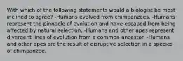 With which of the following statements would a biologist be most inclined to agree? -Humans evolved from chimpanzees. -Humans represent the pinnacle of evolution and have escaped from being affected by natural selection. -Humans and other apes represent divergent lines of evolution from a common ancestor. -Humans and other apes are the result of disruptive selection in a species of chimpanzee.