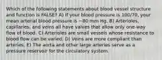 Which of the following statements about blood vessel structure and function is FALSE? A) If your blood pressure is 100/70, your mean arterial blood pressure is ~80 mm Hg. B) Arterioles, capillaries, and veins all have valves that allow only one-way flow of blood. C) Arterioles are small vessels whose resistance to blood flow can be varied. D) Veins are more compliant than arteries. E) The aorta and other large arteries serve as a pressure reservoir for the circulatory system.