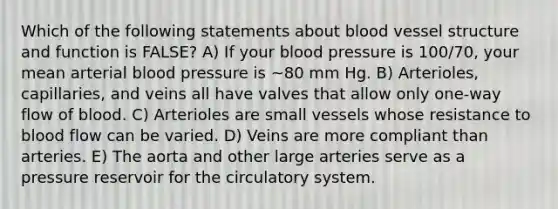 Which of the following statements about blood vessel structure and function is FALSE? A) If your blood pressure is 100/70, your mean arterial blood pressure is ~80 mm Hg. B) Arterioles, capillaries, and veins all have valves that allow only one-way flow of blood. C) Arterioles are small vessels whose resistance to blood flow can be varied. D) Veins are more compliant than arteries. E) The aorta and other large arteries serve as a pressure reservoir for the circulatory system.