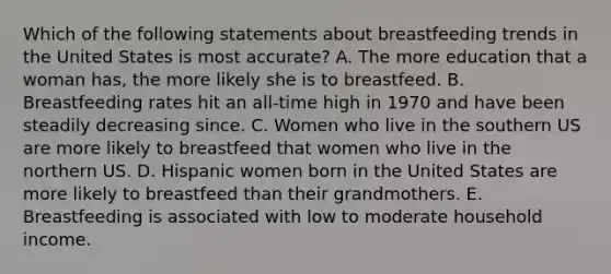 Which of the following statements about breastfeeding trends in the United States is most accurate? A. The more education that a woman has, the more likely she is to breastfeed. B. Breastfeeding rates hit an all-time high in 1970 and have been steadily decreasing since. C. Women who live in the southern US are more likely to breastfeed that women who live in the northern US. D. Hispanic women born in the United States are more likely to breastfeed than their grandmothers. E. Breastfeeding is associated with low to moderate household income.