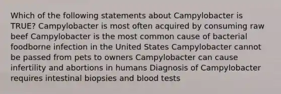 Which of the following statements about Campylobacter is TRUE? Campylobacter is most often acquired by consuming raw beef Campylobacter is the most common cause of bacterial foodborne infection in the United States Campylobacter cannot be passed from pets to owners Campylobacter can cause infertility and abortions in humans Diagnosis of Campylobacter requires intestinal biopsies and blood tests