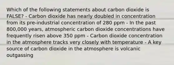 Which of the following statements about carbon dioxide is FALSE? - Carbon dioxide has nearly doubled in concentration from its pre-industrial concentration of 280 ppm - In the past 800,000 years, atmospheric carbon dioxide concentrations have frequently risen above 350 ppm - Carbon dioxide concentration in the atmosphere tracks very closely with temperature - A key source of carbon dioxide in the atmosphere is volcanic outgassing