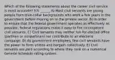 Which of the following statements about the career civil service is most accurate? 57) ______ A) Most civil servants are young people from blue-collar backgrounds who work a few years in the government before moving on to the private sector. B) In order to ensure that the federal government operates as effectively as possible, federal regulations make it easy to fire incompetent civil servants. C) Civil servants may neither run for elected office (partisan or nonpartisan) nor contribute to an electoral campaign. D) As government employees, few civil servants have the power to form unions and bargain collectively. E) Civil servants are paid according to where they rank on a numerical General Schedule rating system.